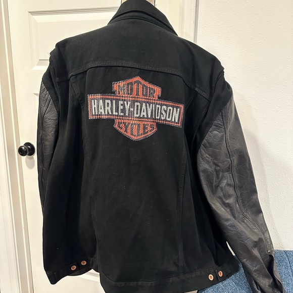 Harley-Davidson Men's Leather Sleeve Slim Fit Denim Jacket, Black 99183-19VM-3XL - Picture 5 of 8